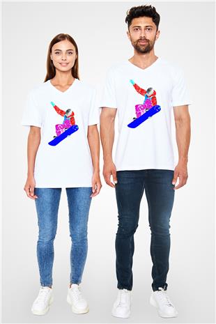 Snowboarding Baskılı Unisex V Yaka Tişört - Tshirt