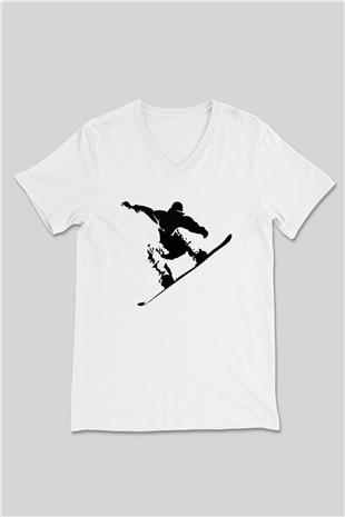 Snowboarding Baskılı Unisex V Yaka Tişört - Tshirt