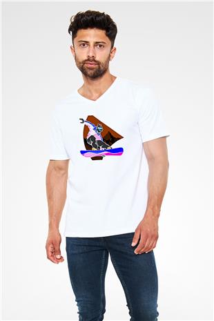 Snowboarding Baskılı Unisex V Yaka Tişört - Tshirt