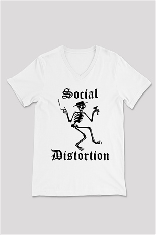 Social Distortion Beyaz Unisex V Yaka Tişört T-Shirt - V Yaka Tişört Fabrikası