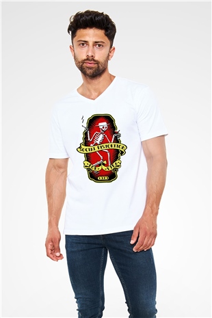 Social Distortion Beyaz Unisex V Yaka Tişört T-Shirt - V Yaka Tişört Fabrikası