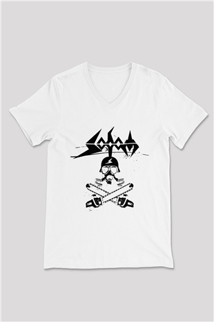 Sodom Beyaz Unisex V Yaka Tişört T-Shirt - V Yaka Tişört Fabrikası