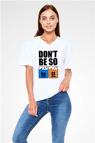 Sodyum Klor Baskılı Unisex V Yaka Beyaz Tişört - Tshirt