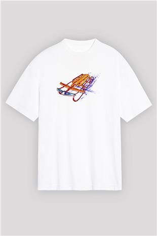 Sokak Kızağı Baskılı Unisex Beyaz Oversize Tişört - Tshirt