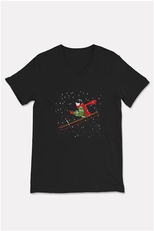 Sokak Kızağı - Street Luge Baskılı Unisex Siyah V Yaka Tişört