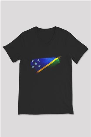 Solomon Adaları - Solomon İslands Bayrağı Baskılı Unisex Siyah V Yaka Tişört