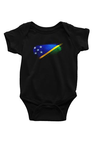 Solomon Adaları - Solomon İslands Bayrağı Baskılı Unisex Siyah Bebek Body - Zıbın