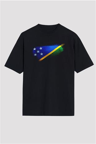 Solomon Adaları - Solomon İslands Bayrağı Baskılı Unisex Siyah Oversize Tişört