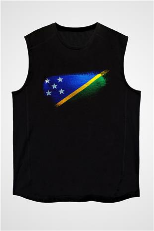 Solomon Adaları - Solomon İslands Bayrağı Baskılı Unisex Siyah Kolsuz Tişört