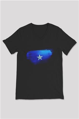 Somali - Somalia Bayrağı Baskılı Unisex Siyah V Yaka Tişört