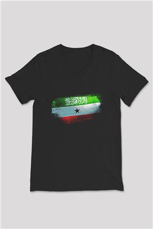 Somaliland Bayrağı Baskılı Unisex Siyah V Yaka Tişört
