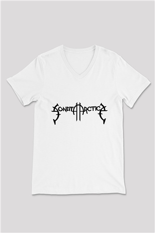 Sonata Arctica Beyaz Unisex V Yaka Tişört T-Shirt - V Yaka Tişört Fabrikası