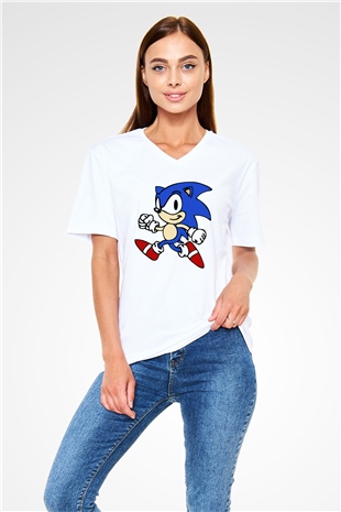 Sonic the Hedgehog Beyaz Unisex V Yaka Tişört T-Shirt