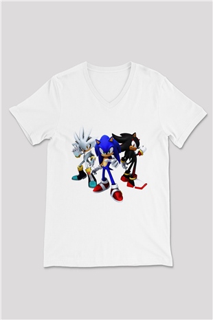 Sonic the Hedgehog Beyaz Unisex V Yaka Tişört