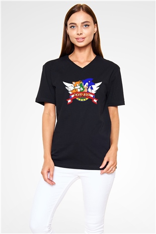 Sonic the Hedgehog Beyaz Unisex V Yaka Tişört T-Shirt