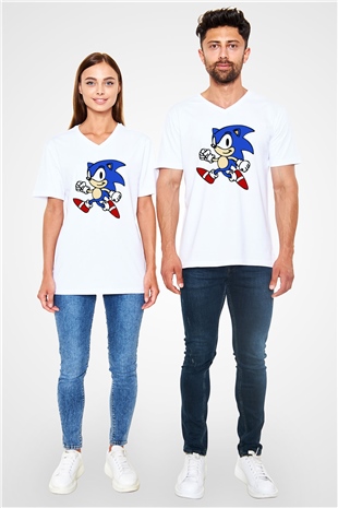 Sonic the Hedgehog Beyaz Unisex V Yaka Tişört T-Shirt