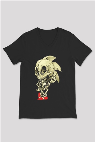 Sonic the Hedgehog Siyah Unisex V Yaka Tişört