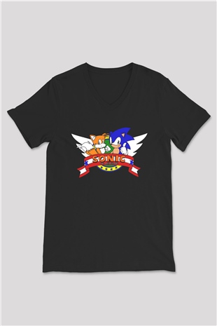 Sonic the Hedgehog Siyah Unisex V Yaka Tişört T-Shirt
