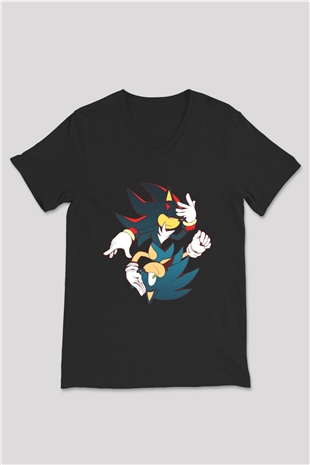 Sonic the Hedgehog Siyah Unisex V Yaka Tişört