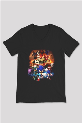 Sonic the Hedgehog Siyah Unisex V Yaka Tişört