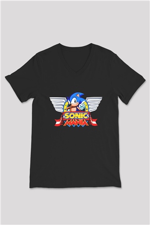 Sonic the Hedgehog Siyah Unisex V Yaka Tişört