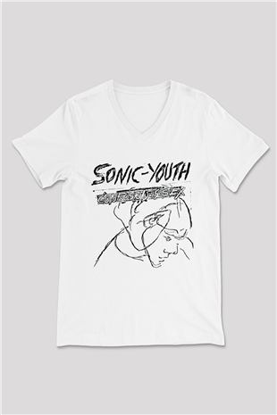 Sonic Youth Beyaz Unisex V Yaka Tişört T-Shirt - V Yaka Tişört Fabrikası