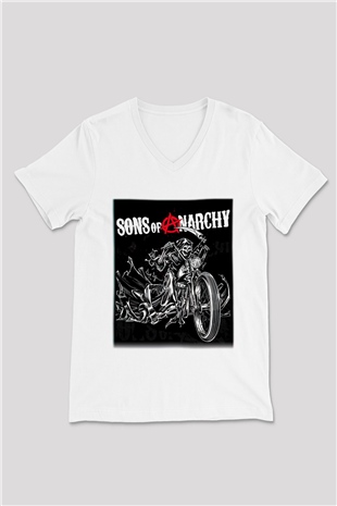 Sons of Anarchy Beyaz Unisex V Yaka Tişört T-Shirt