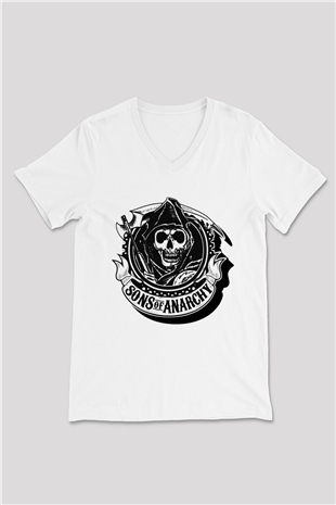 Sons of Anarchy Beyaz Unisex V Yaka Tişört T-Shirt