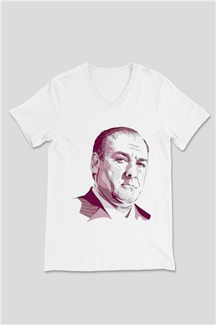Sopranos Baskılı Beyaz Unisex V Yaka Tişört - Tshirt