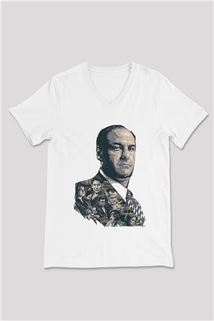 Sopranos Baskılı Beyaz Unisex V Yaka Tişört - Tshirt
