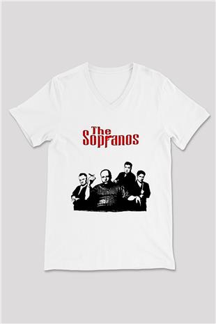 Sopranos Baskılı Beyaz Unisex V Yaka Tişört - Tshirt