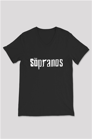 Sopranos Baskılı Unisex Siyah V Yaka Tişört - Tshirt