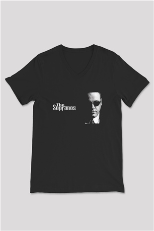 Sopranos Baskılı Unisex Siyah V Yaka Tişört - Tshirt