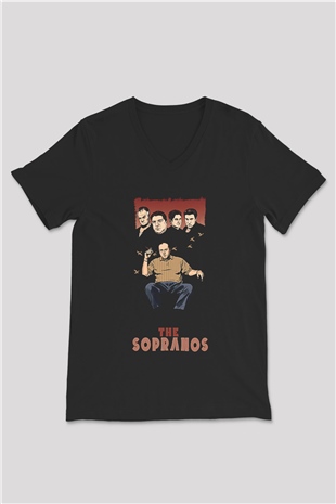 Sopranos Baskılı Unisex Siyah V Yaka Tişört - Tshirt