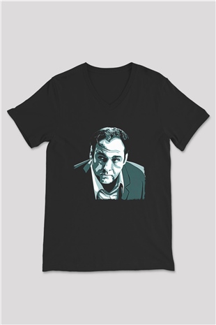 Sopranos Baskılı Unisex Siyah V Yaka Tişört - Tshirt
