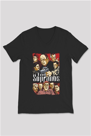 Sopranos Baskılı Unisex Siyah V Yaka Tişört - Tshirt