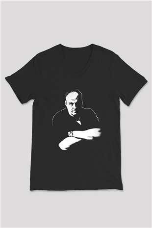 Sopranos Baskılı Unisex Siyah V Yaka Tişört - Tshirt