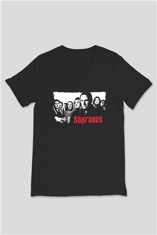 Sopranos Baskılı Unisex Siyah V Yaka Tişört - Tshirt