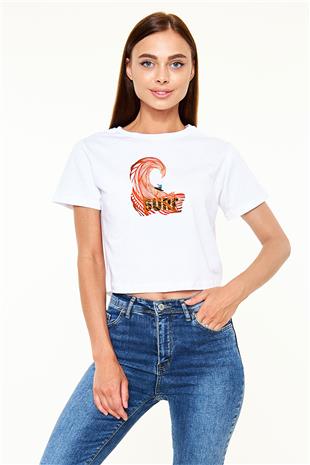 Sörf Baskılı Crop Top Beyaz Tişört - T-shirt