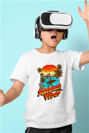 Sörf Baskılı Unisex Beyaz Çocuk Tişört - Tshirt