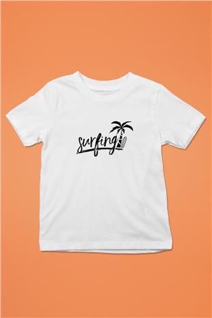 Sörf Baskılı Unisex Beyaz Çocuk Tişört - Tshirt