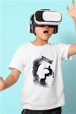 Sörf Baskılı Unisex Beyaz Çocuk Tişört - Tshirt