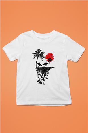 Sörf Baskılı Unisex Beyaz Çocuk Tişört - Tshirt