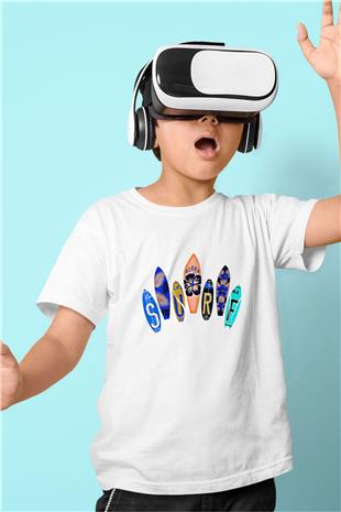 Sörf Baskılı Unisex Beyaz Çocuk Tişört - Tshirt