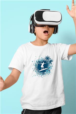 Sörf Baskılı Unisex Beyaz Çocuk Tişört - Tshirt