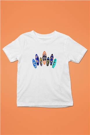 Sörf Baskılı Unisex Beyaz Çocuk Tişört - Tshirt
