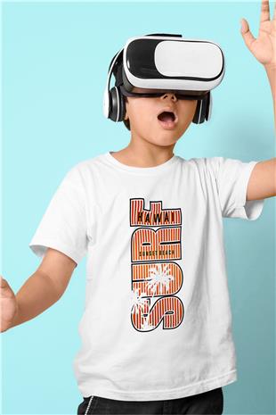 Sörf Baskılı Unisex Beyaz Çocuk Tişört - Tshirt