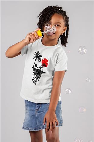 Sörf Baskılı Unisex Beyaz Çocuk Tişört - Tshirt