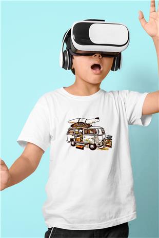 Sörf Baskılı Unisex Beyaz Çocuk Tişört - Tshirt