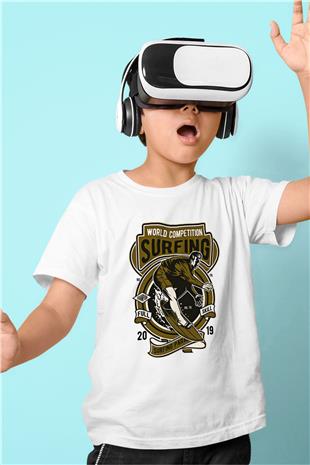 Sörf Baskılı Unisex Beyaz Çocuk Tişört - Tshirt